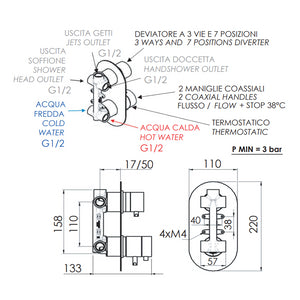 Rubinetto termostatico doccia con deviatore a tre vie e sette posizioni - serie minimal thermo