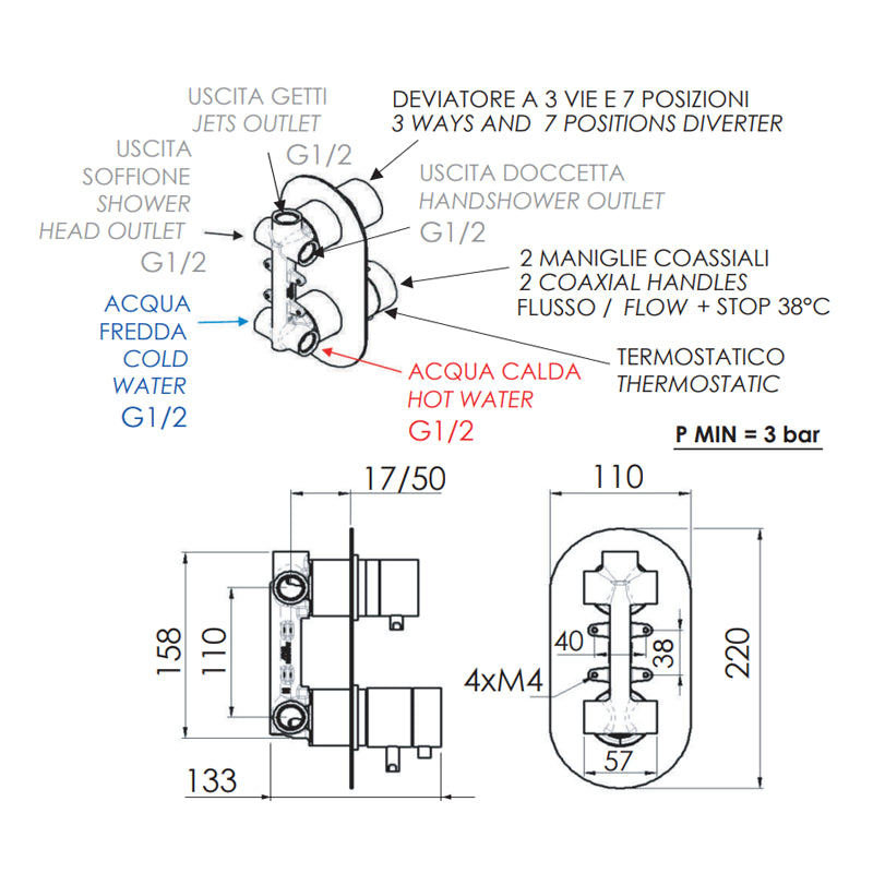 Rubinetto termostatico doccia con deviatore a tre vie e sette posizioni - serie minimal thermo