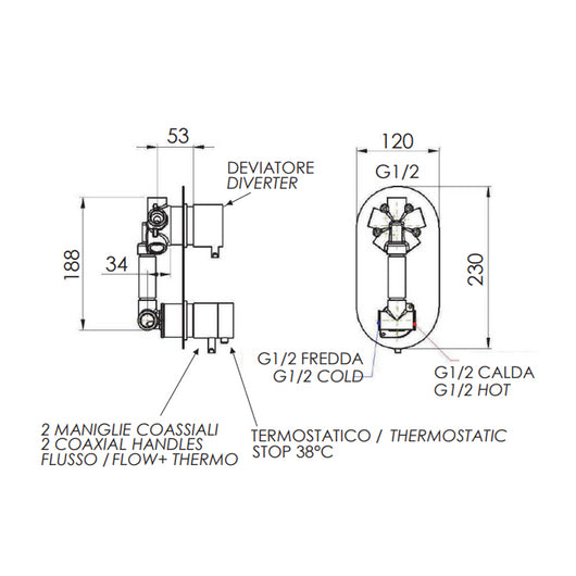 Rubinetto doccia con deviatore a 4 posizioni - serie minimal thermo