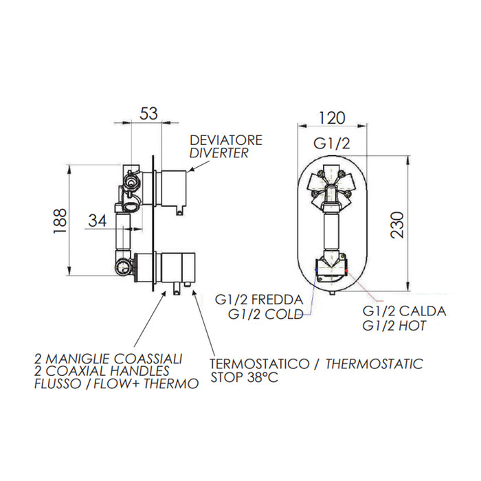 Rubinetto doccia con deviatore a 4 posizioni - serie minimal thermo