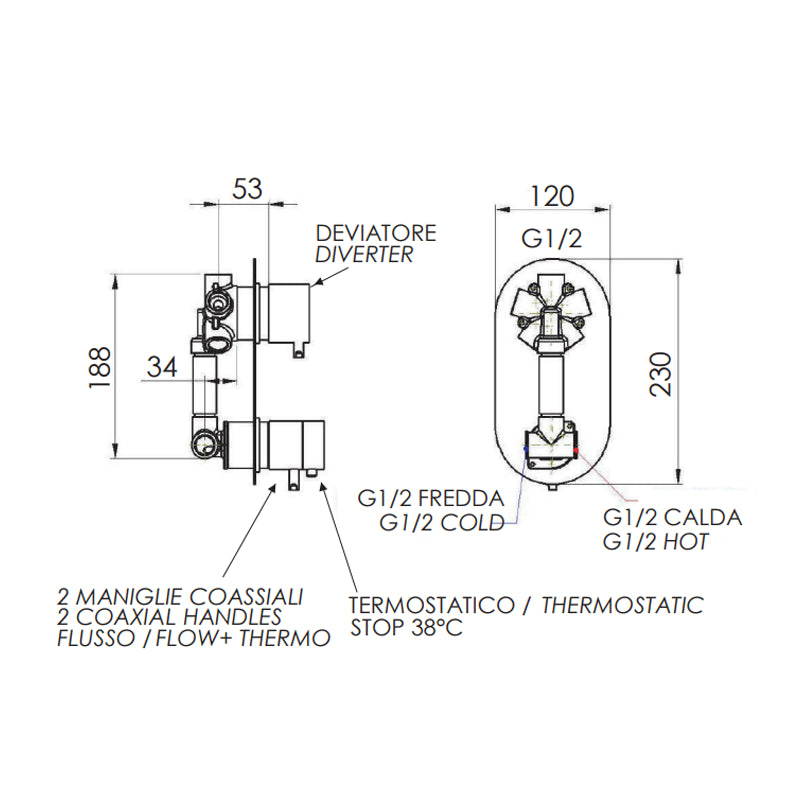 Rubinetto doccia con deviatore a 4 posizioni - serie minimal thermo