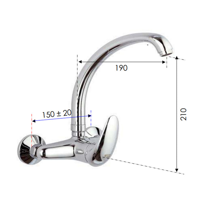 Rubinetto lavello a murocon leva frontale e bocca alta girevole - serie ten