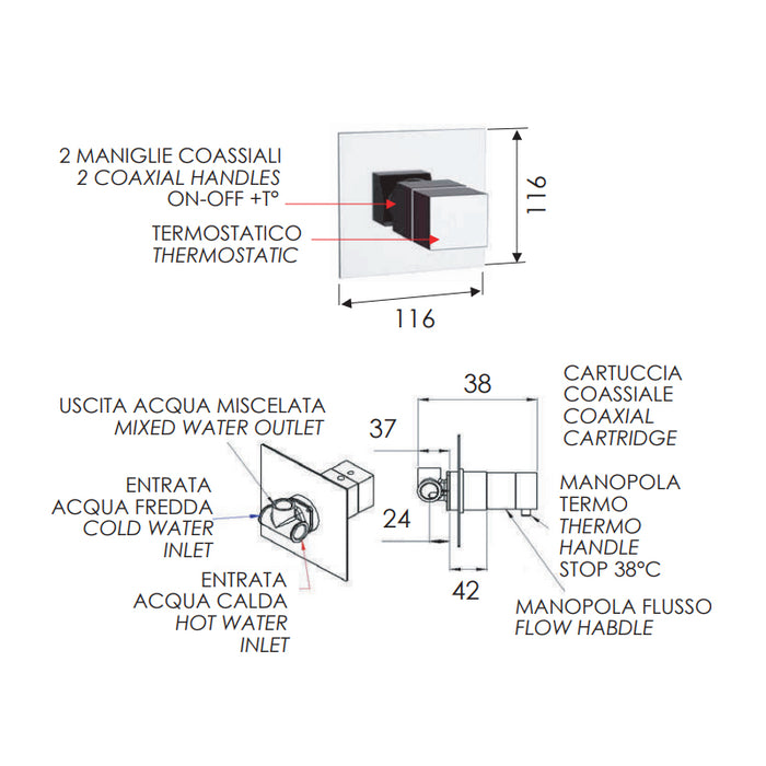 Rubinetto termostatico da incasso per doccia senza deviatore - serie qubika thermo