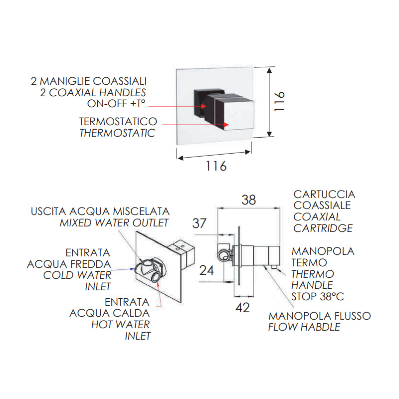 Rubinetto termostatico da incasso per doccia senza deviatore - serie qubika thermo