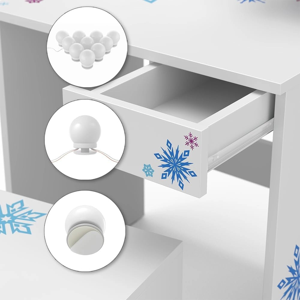 Tavolino da toilette per bambini Schneeflocke, Bianco, 54.8 cm con illuminazione a LED, adatto per la conservazione di cosmetici e accessori