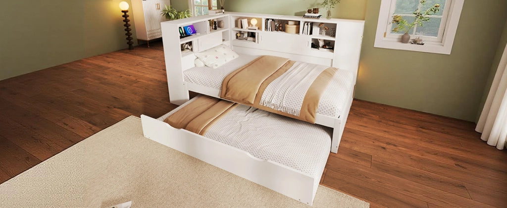 Letto singolo 90 × 200 cm con letto estraibile, contenitore con USB, senza materasso, bianco