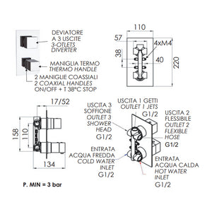 Rubinetto termostatico doccia, tre vie su unica piastra - serie qubika thermo