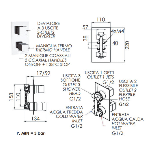 Rubinetto termostatico doccia, tre vie su unica piastra - serie qubika thermo