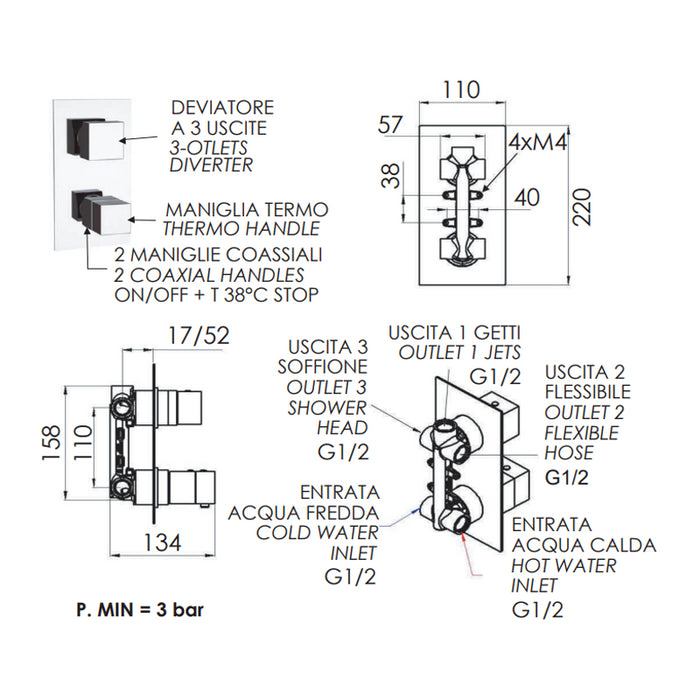 Rubinetto termostatico doccia, tre vie su unica piastra - serie qubika thermo