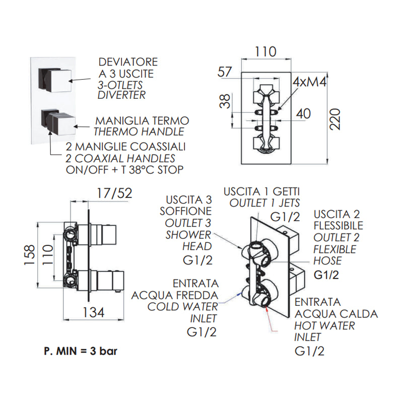 Rubinetto termostatico doccia, tre vie su unica piastra - serie qubika thermo