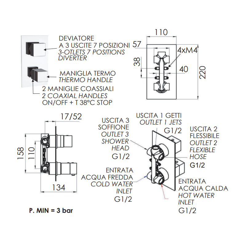 Rubinetto termostatico doccia, tre vie e sette posizioni su unica piastra - serie qubika thermo