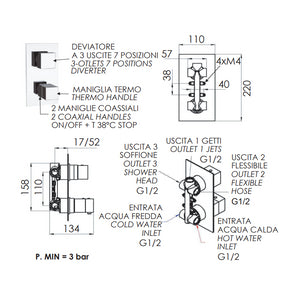 Rubinetto termostatico doccia, tre vie e sette posizioni su unica piastra - serie qubika thermo