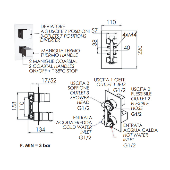 Rubinetto termostatico doccia, tre vie e sette posizioni su unica piastra - serie qubika thermo