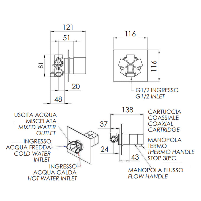 Rubinetto termostatico doccia, 4 posizioni su piastra unica - serie qubika thermo