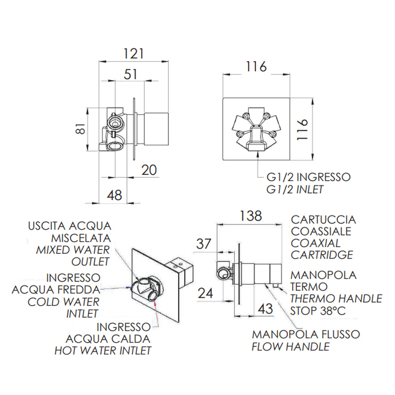 Rubinetto termostatico doccia, 4 posizioni su piastra unica - serie qubika thermo