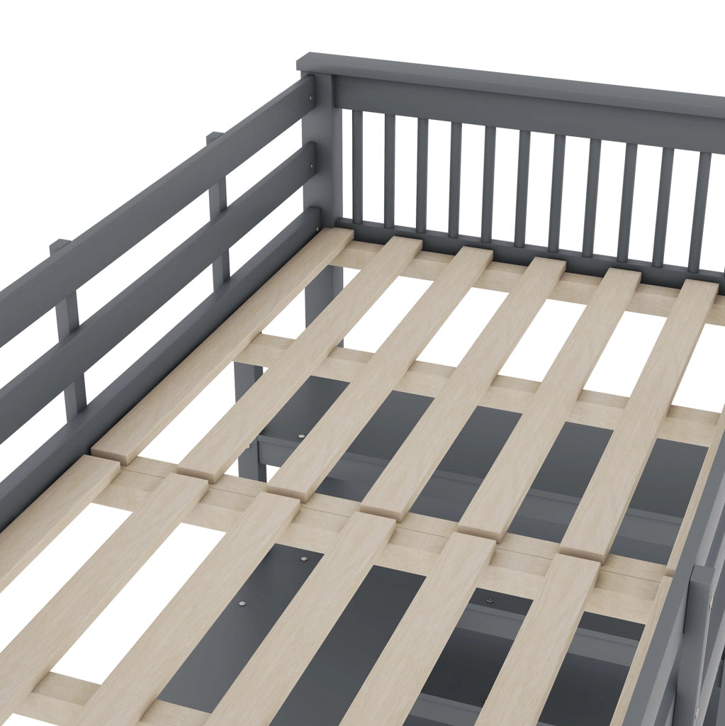 Letto a soppalco ULEVR 90x200 cm con scrivania e ripiani, scala integrata e barriera di sicurezza, grigio