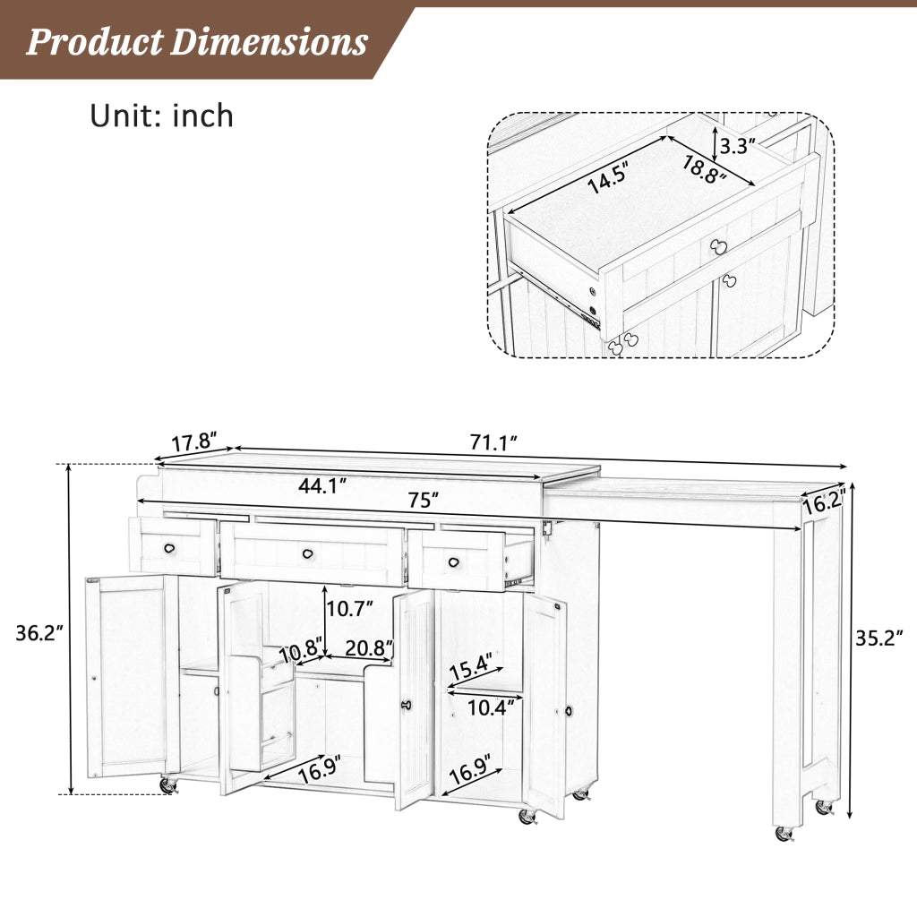 Isola cucina con 3 cassetti; ripiani regolabili e piano estraibile per cucina; in MDF; grigio