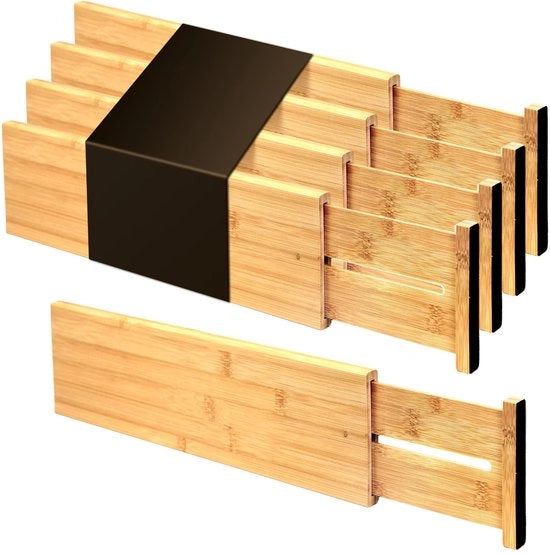 Organizzatori per cassetti in bambù, grandi, 10,1 cm alti, organizzatori per cassetti da cucina regolabili per abbigliamento, sospensione a molle, adatti per bagno, camera da letto, armadio, scrivania, 4 pezzi