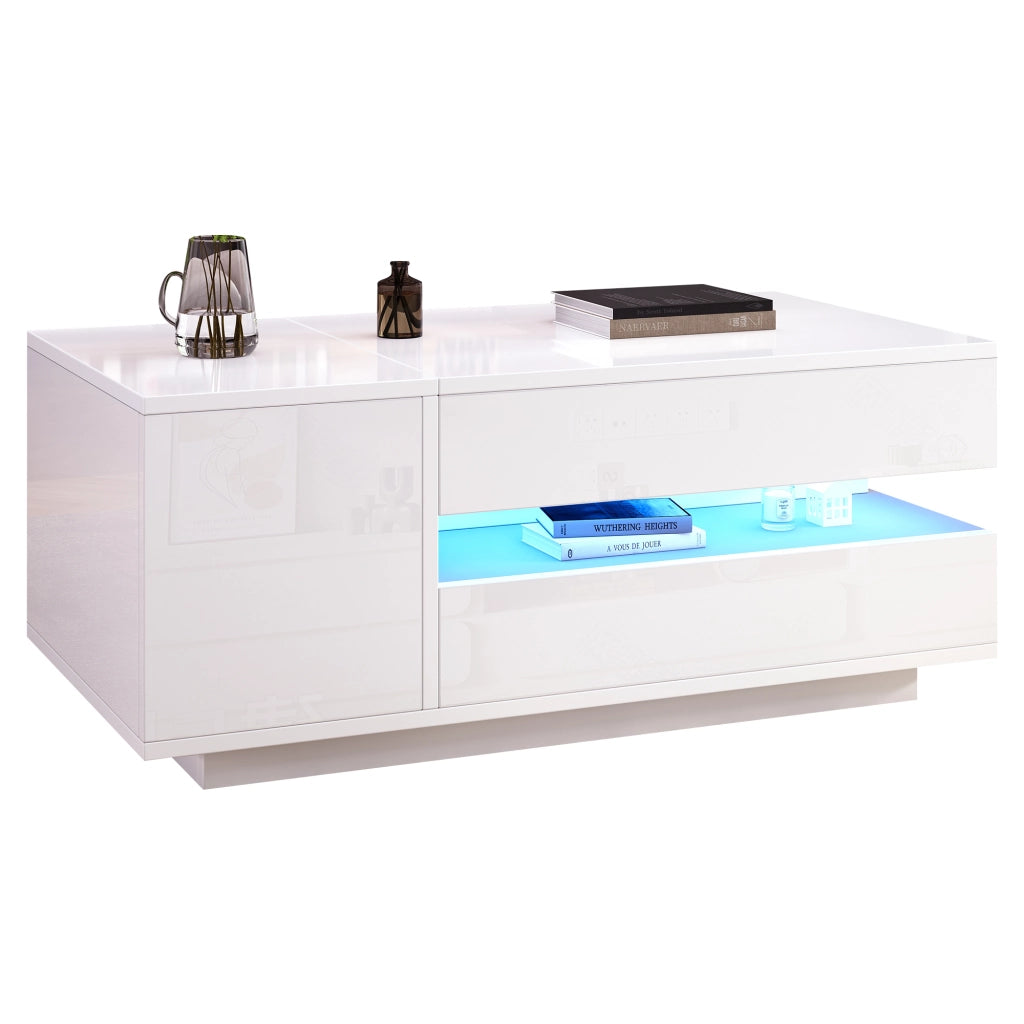 TAVOLINO ALZABILE 90 x 50 x 34,5 cm Bianco Lucido con LED e 1 cassetto