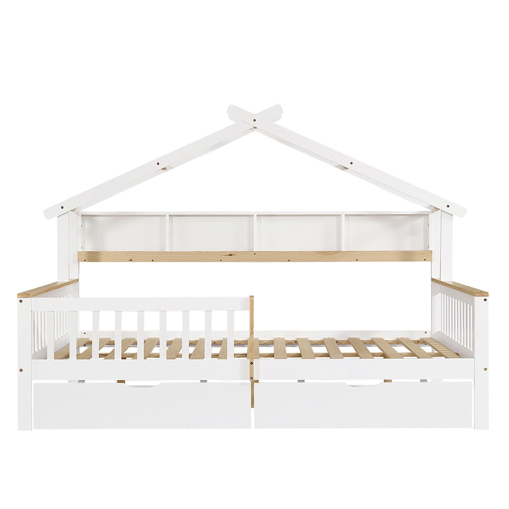 Letto bambino-Xylo-140x200 cm-anti caduta, tetto, 2m ripiano, 2 cassetti, bianco+naturale