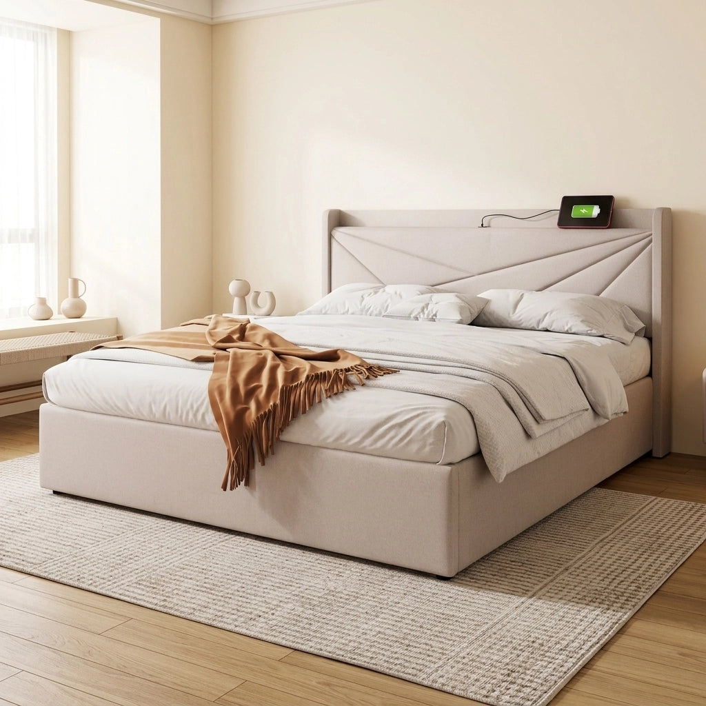 LETTO matrimoniale contenitore 180x200 cm beige in cotone lino con USB Type-C