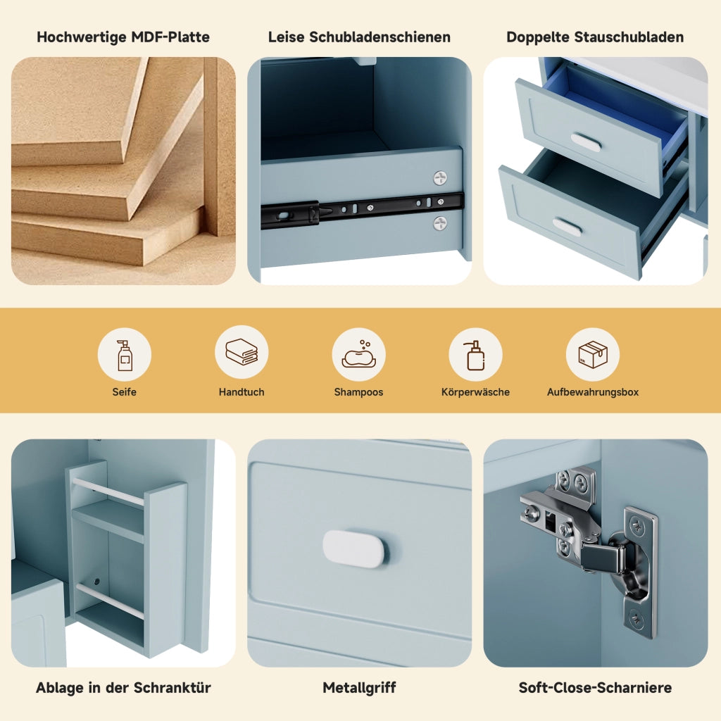 Mobile sottolavabo con lavabo in ceramica, LED a sensore radar, 2 cassetti e vano, per bagno, blu, 76 × 46 × 51 cm