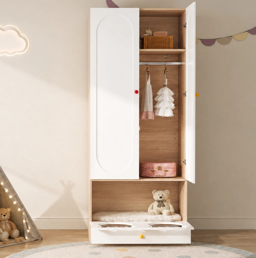 Armadio per cameretta con ante e cassetti, bianco e legno