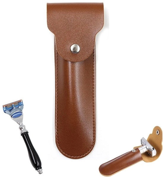 Porta-schermesse per barba in pelle - Scatola di protezione per lama del rasoio con doppio bordo - Protezione per rasoio da viaggio - Tascabile - Adatto per viaggi - Marrone - Contenitore per rasoio da viaggio