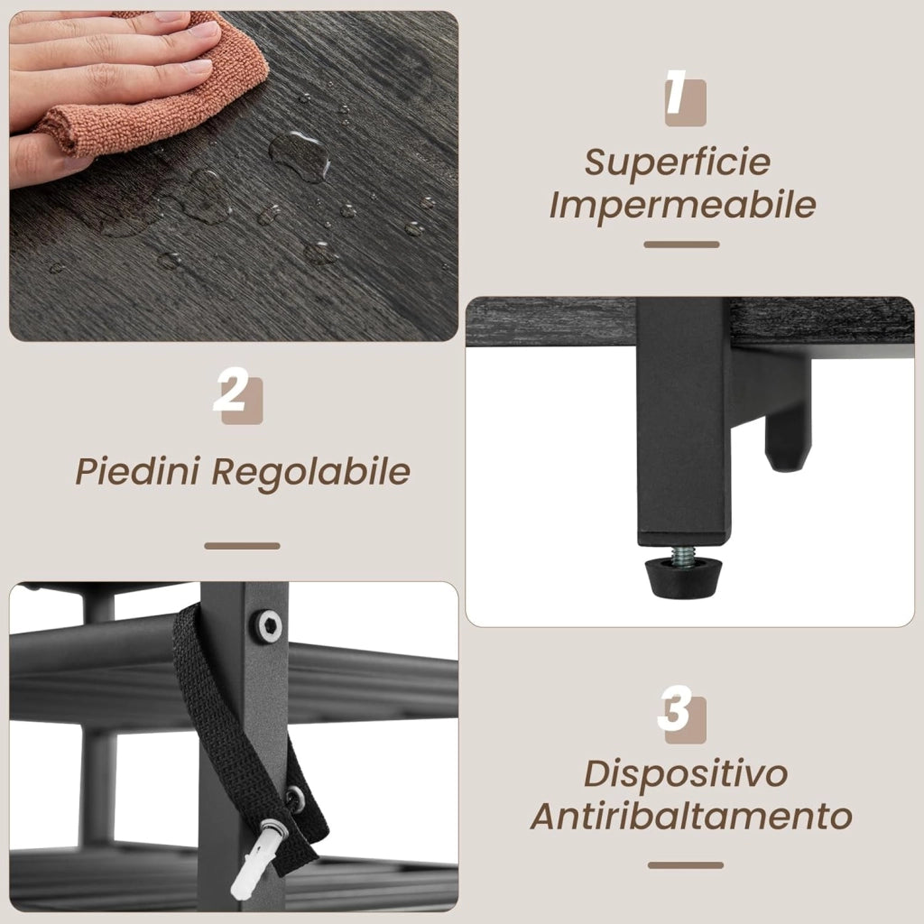 Mobiletto Portabottiglie da Vino a 3 Livelli, con Ripiani di Stoccaggio, Porta Bicchieri, Porta Bottiglie, Prolunghe Elettriche, per Soggiorno Cucina, Bar, 120 x 40 x 92 cm (Grigio Scuro)