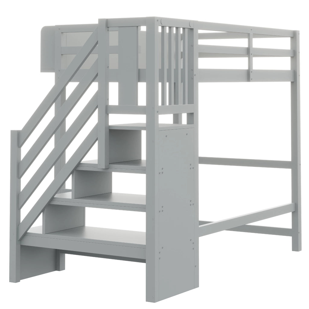 LETTO a soppalco 90x200 cm in legno grigio con LED, scala e vani portaoggetti