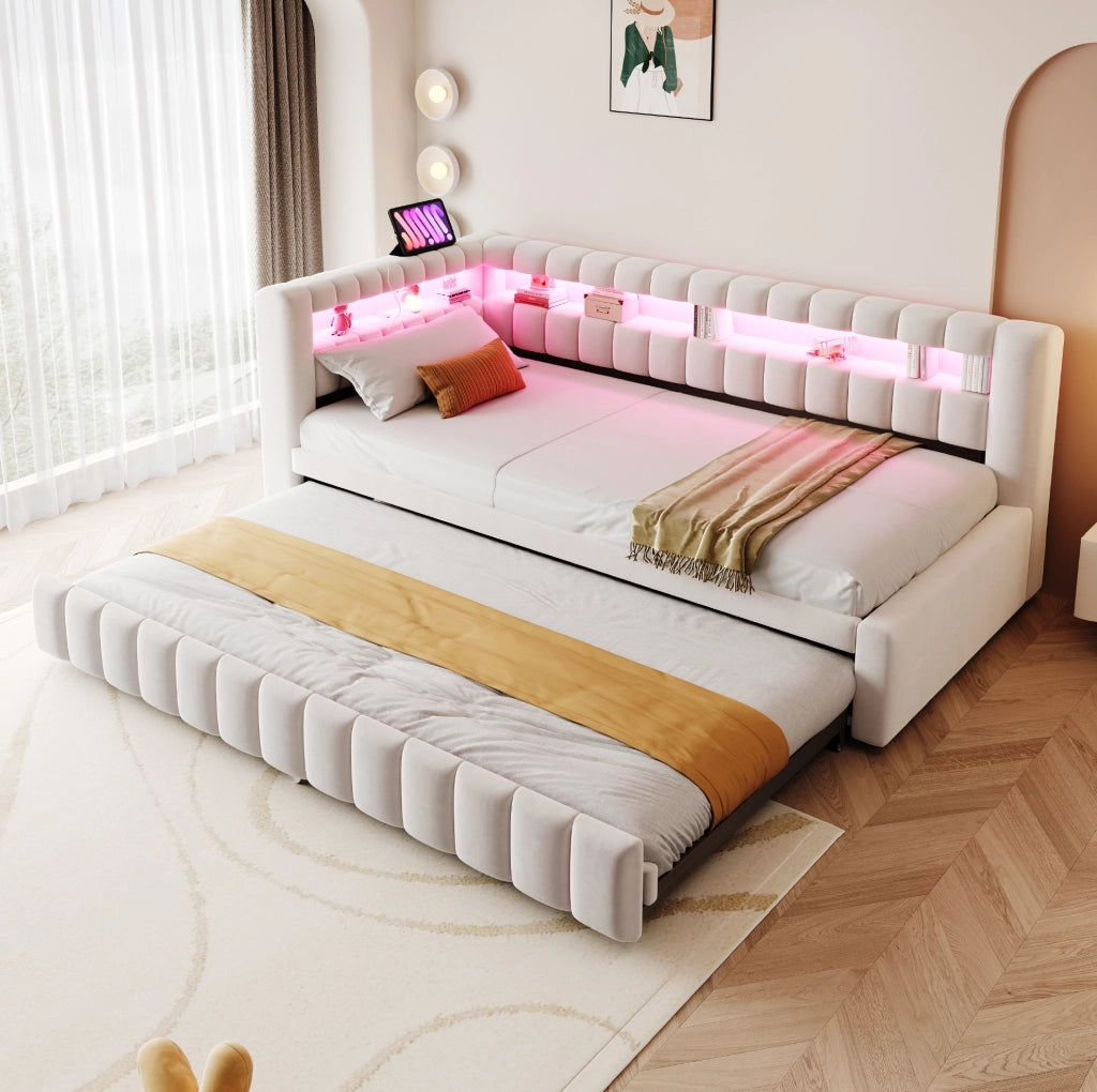 Divano letto estraibile 90x200 cm con LED e USB-C beige