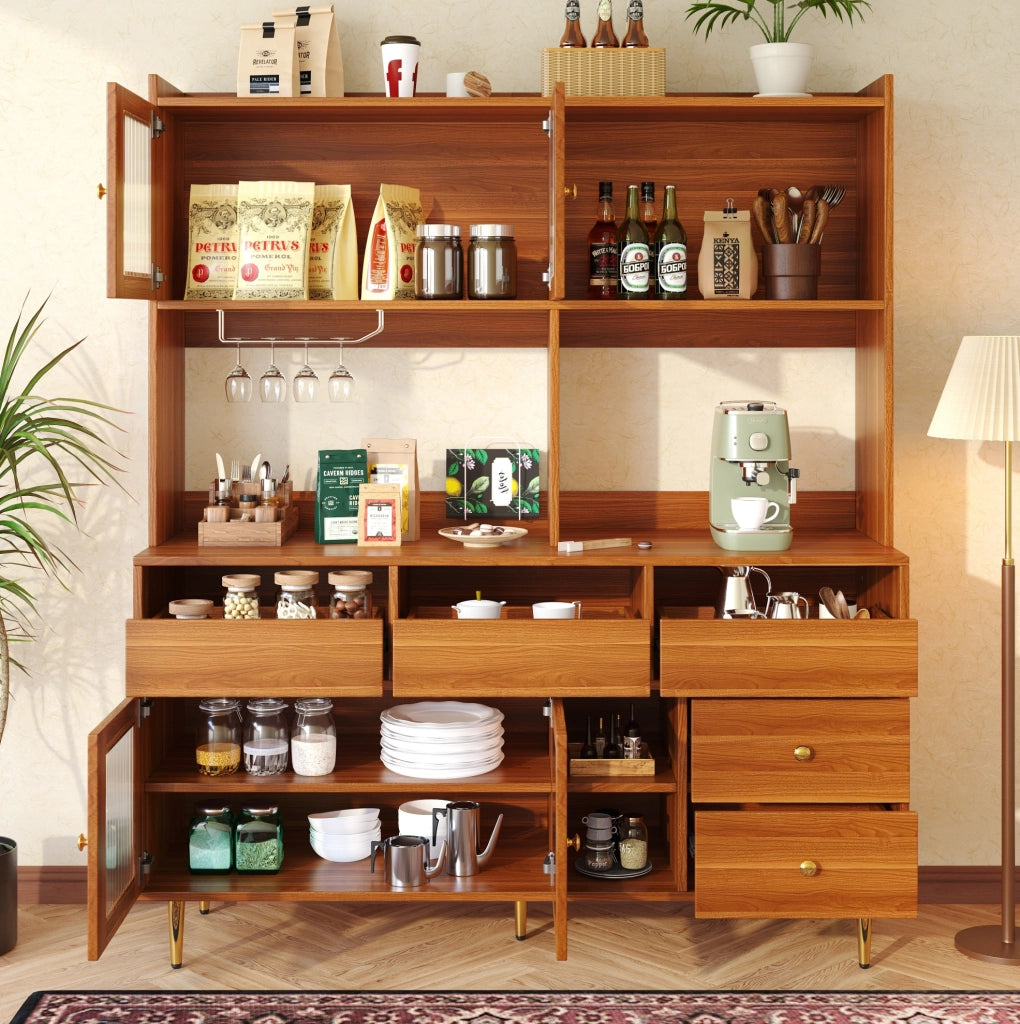 Credenza alta 145x39x171 cm con porta in vetro e portabottiglie in MDF marrone noce