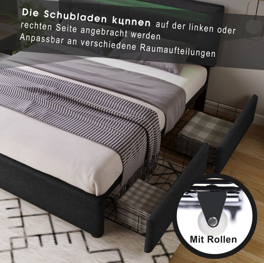 Letto matrimoniale imbottito LED con 4 cassetti e materasso