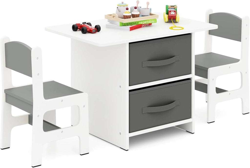 Set Tavolo e Sedie per Bambini 1-7 Anni, Tavolino in Materiale Atossico e Indore con 2 Sedie Ergonomiche con Schienale, Angoli Arrotondati, Ideale per Giocare, Disegnare e Leggere (Beige)