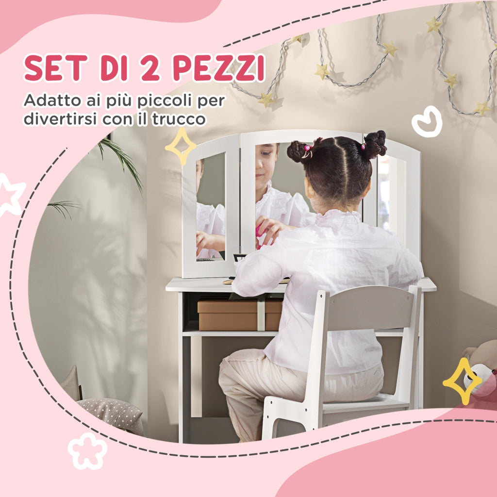 Set da Trucco per Bambini con Tavolo Toeletta con Specchio Triplo Rimovibile e Sedia in Legno Bianco
