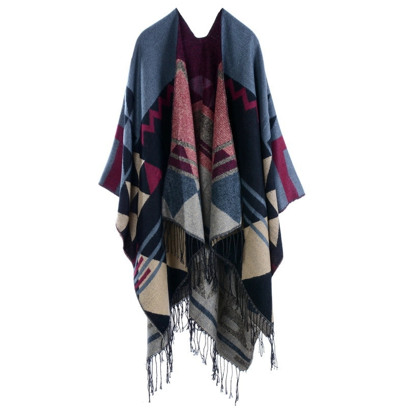 Sciarpa/mantella da viaggio in cashmere extra lungo e spesso, stile boh¨¦mien, europeo e americano, con nappe, autunno e inverno, stile etnico, con spacco, stile europeo e americano.