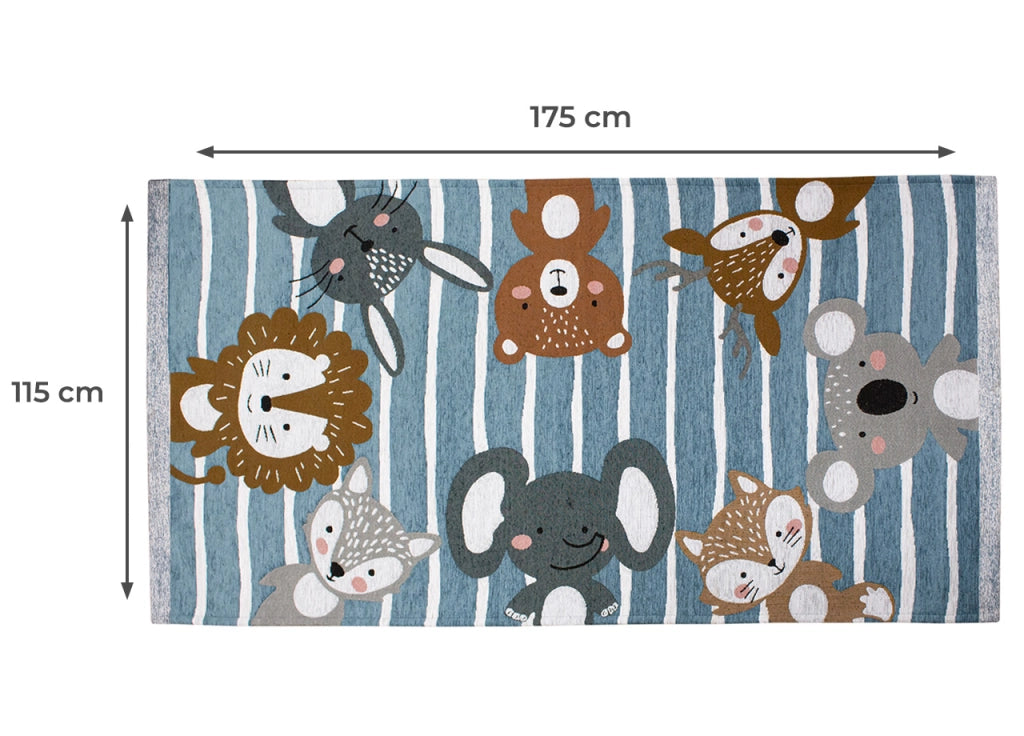 Tappeto Arredo e Gioco Antiscivolo Per Cameretta Bambini Disegno Animalii - 115x175 - Azzurro Topazio