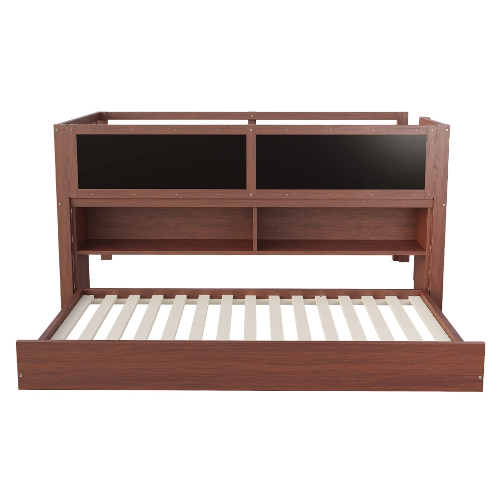 Letto a soppalco 90x200 cm con letto estraibile; lavagna e ripiani in legno marrone