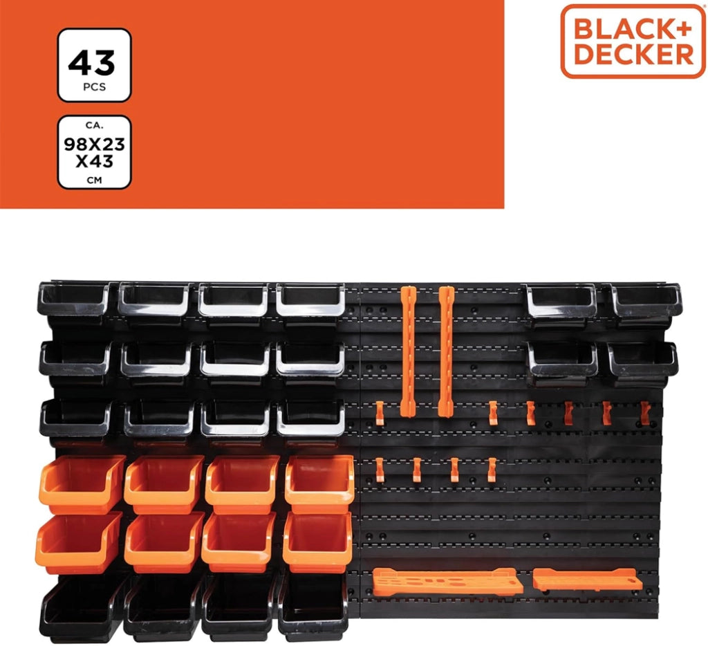 BLACK+DECKER Porta Attrezzi a Parete 43 Pz Organizer in Plastica Muro 98x23x43cm