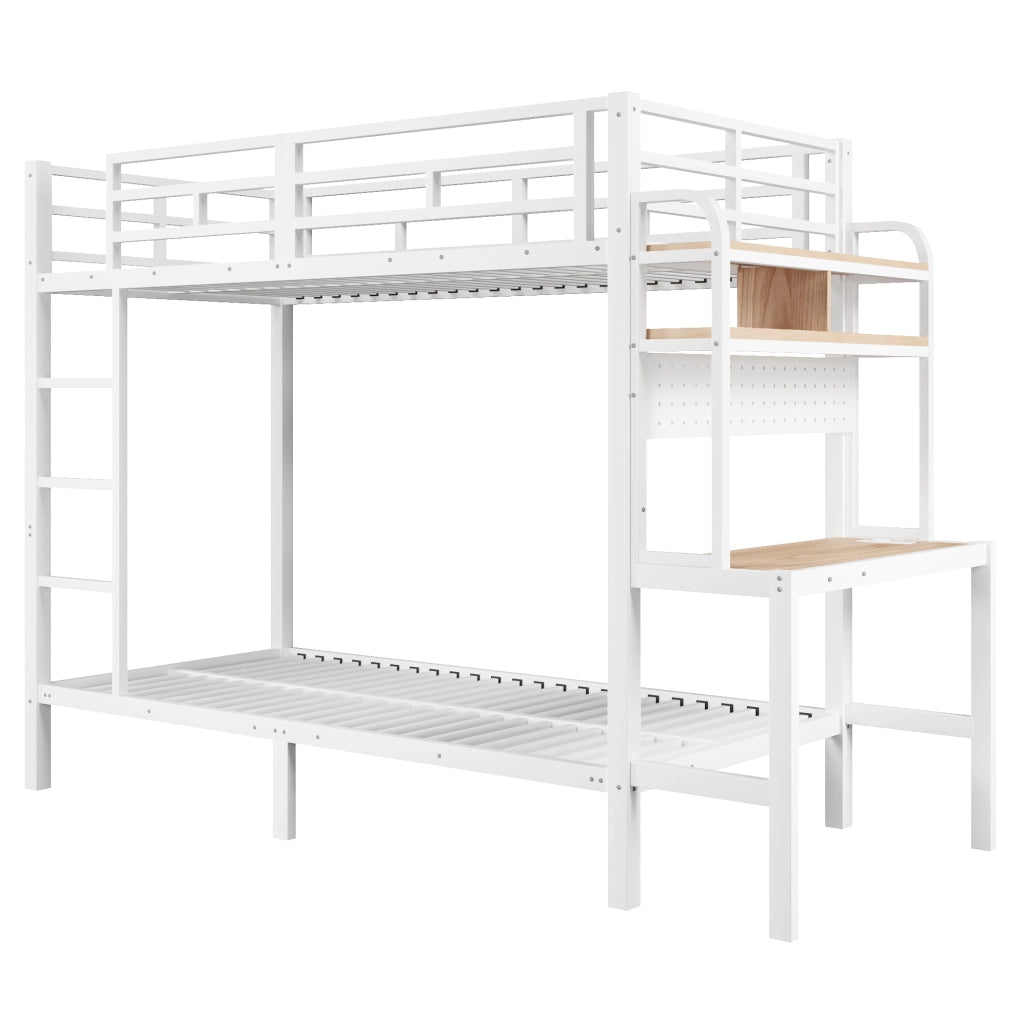 Letto a castello 90x200 cm in metallo e MDF; con scrivania; ripiani; LED e USB; bianco