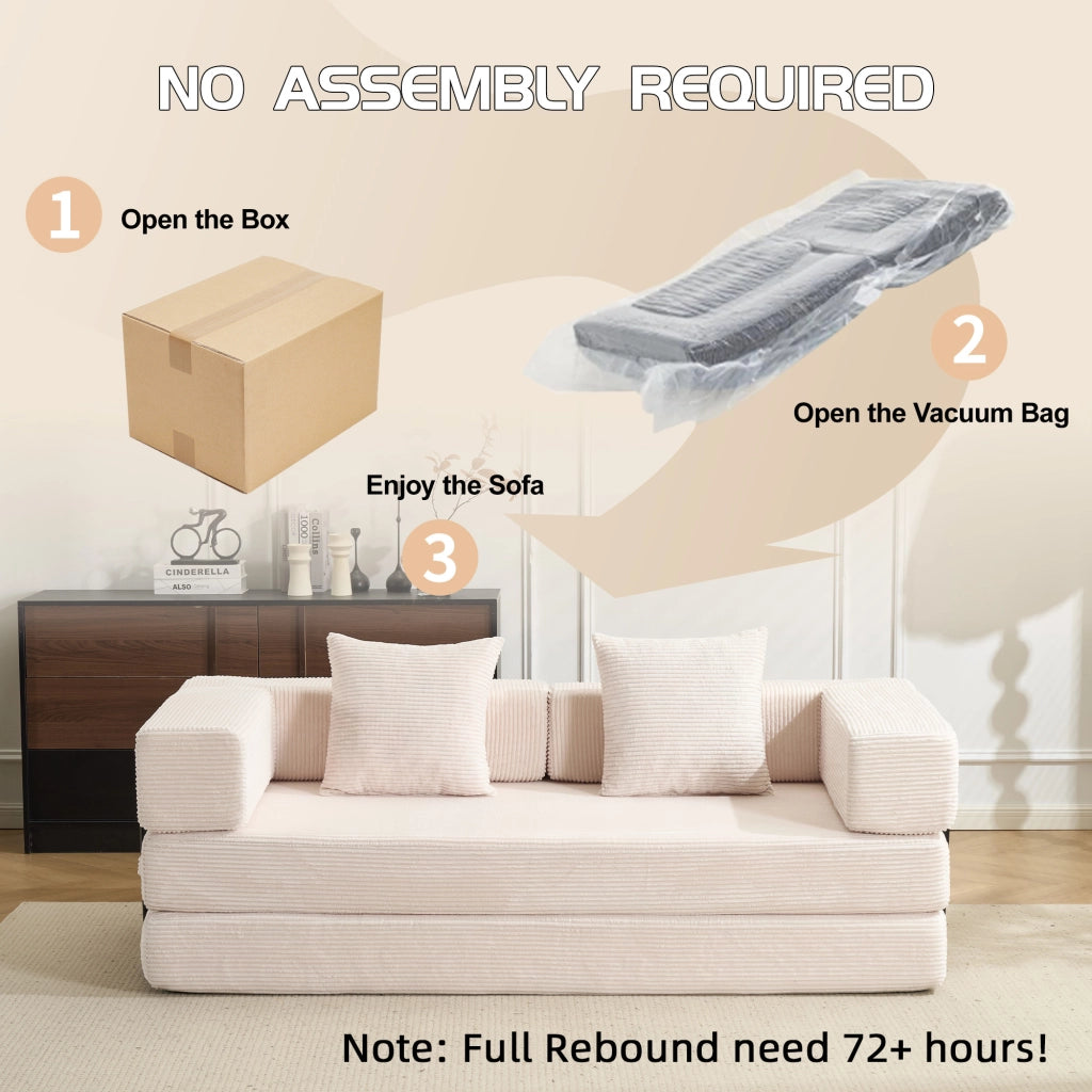 Divano letto pieghevole da pavimento con schienale e braccioli in velluto a coste bianco 185 × 92,5 × 60 cm
