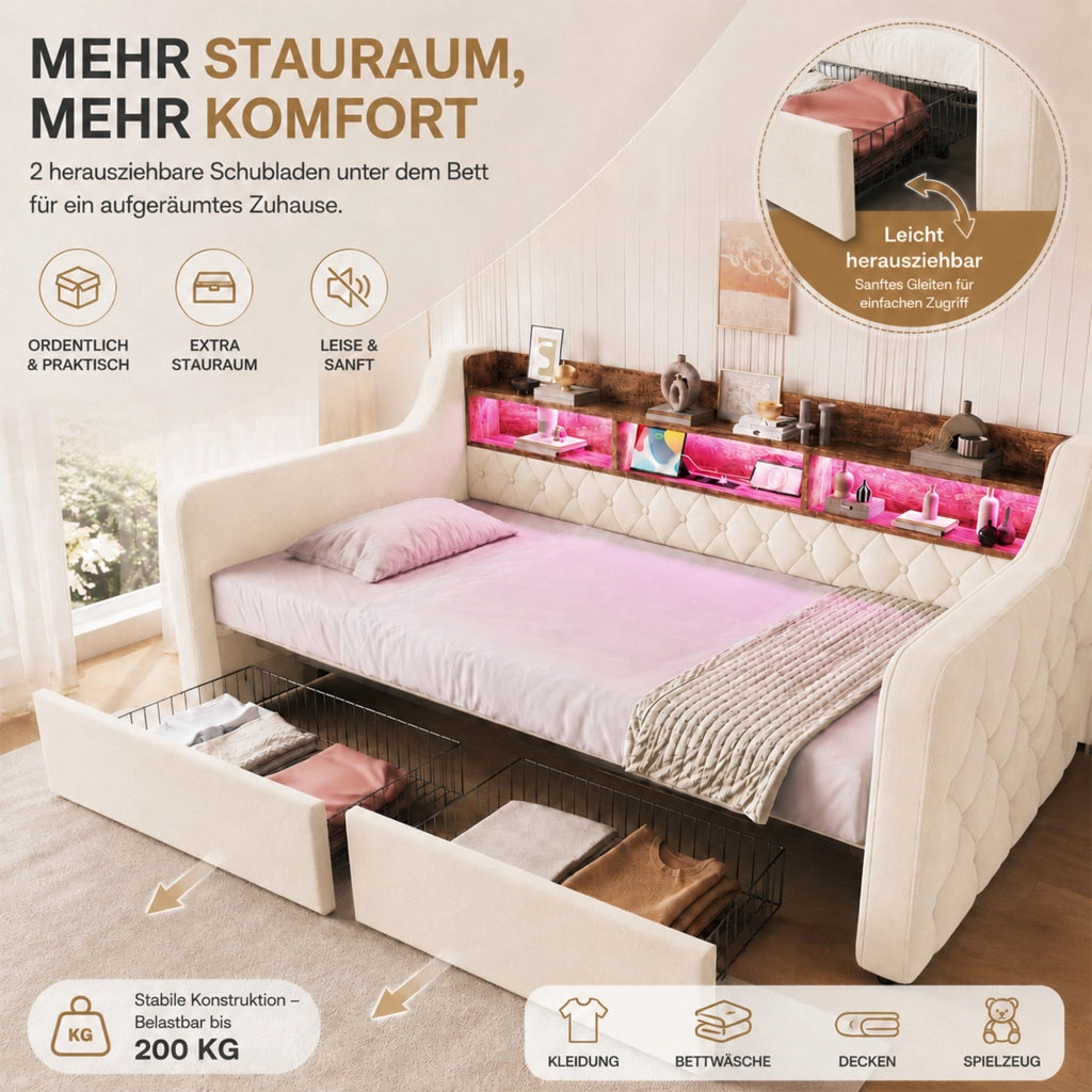 Letto singolo imbottito 90x190 cm in velluto beige con LED; ripiani e 2 cassetti