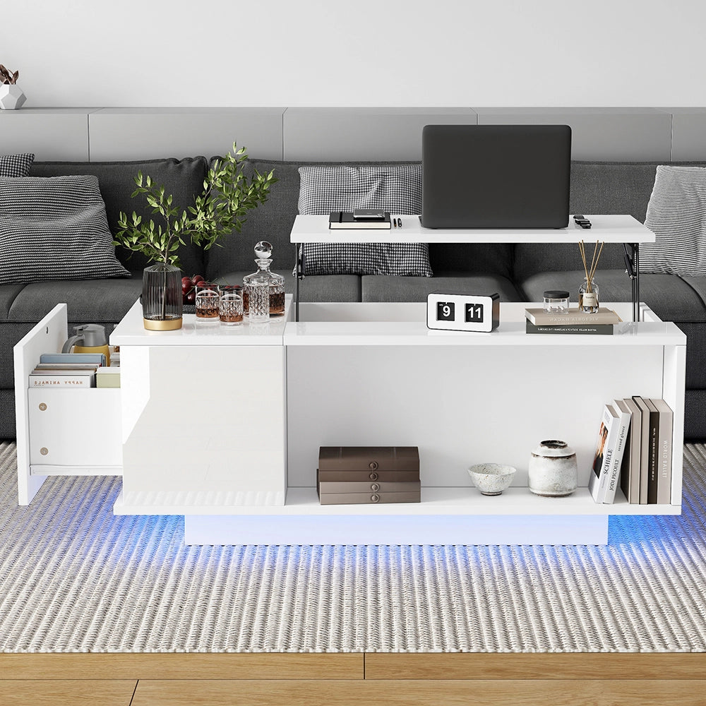 Tavolino-Xylo-100x50x40cm bianco regolabile LED con tiroir
