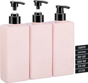 Dispensatore di schiuma quadrato, 3 pezzi, 400 ml per shampoo, sapone, sapone liquido, flaconi di plastica vuoti con etichette per cucina e bagno, colore rosa.
