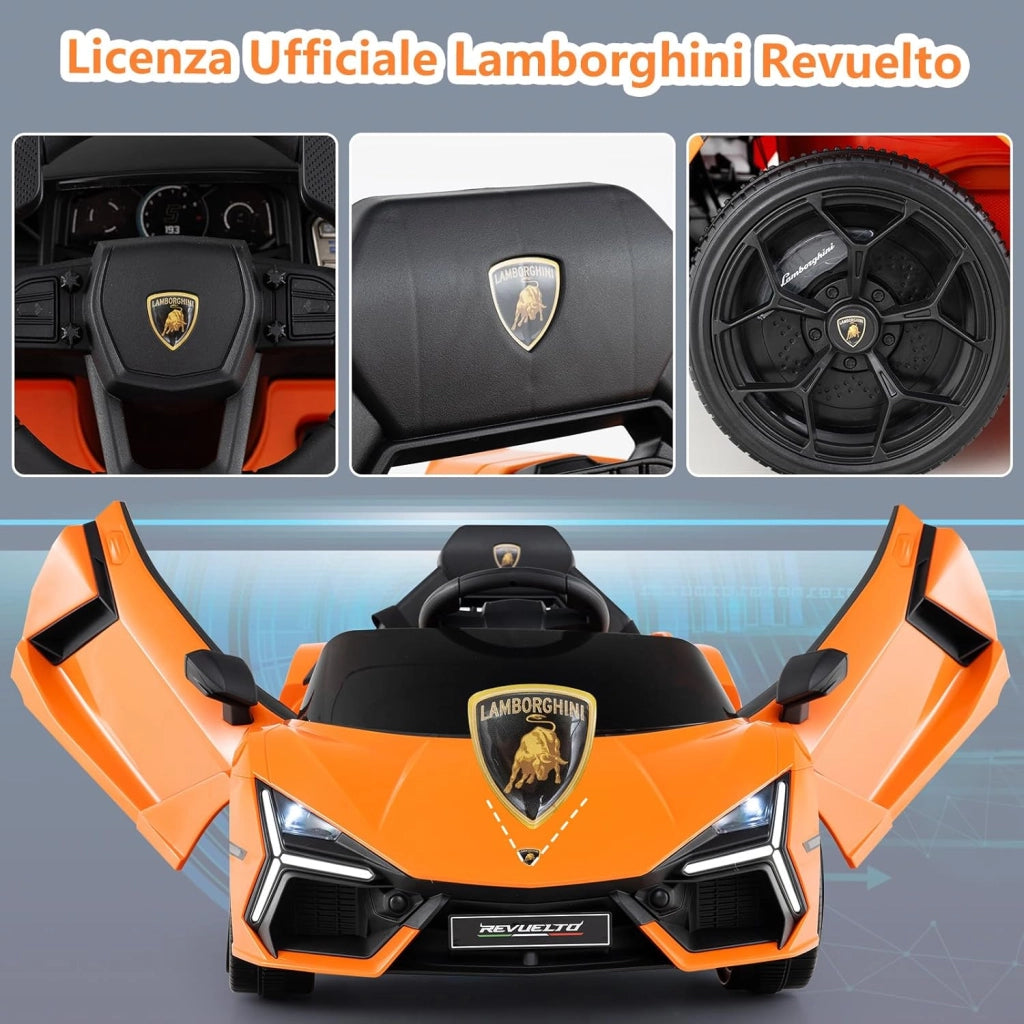 Lamborghini 12V Auto Elettrica per Bambini, Veicolo Elettrico Cavalcabile con Telecomando Luci LED Musica, 3-5 Km/h, per Bambini 37-95 Mesi (Arancia)