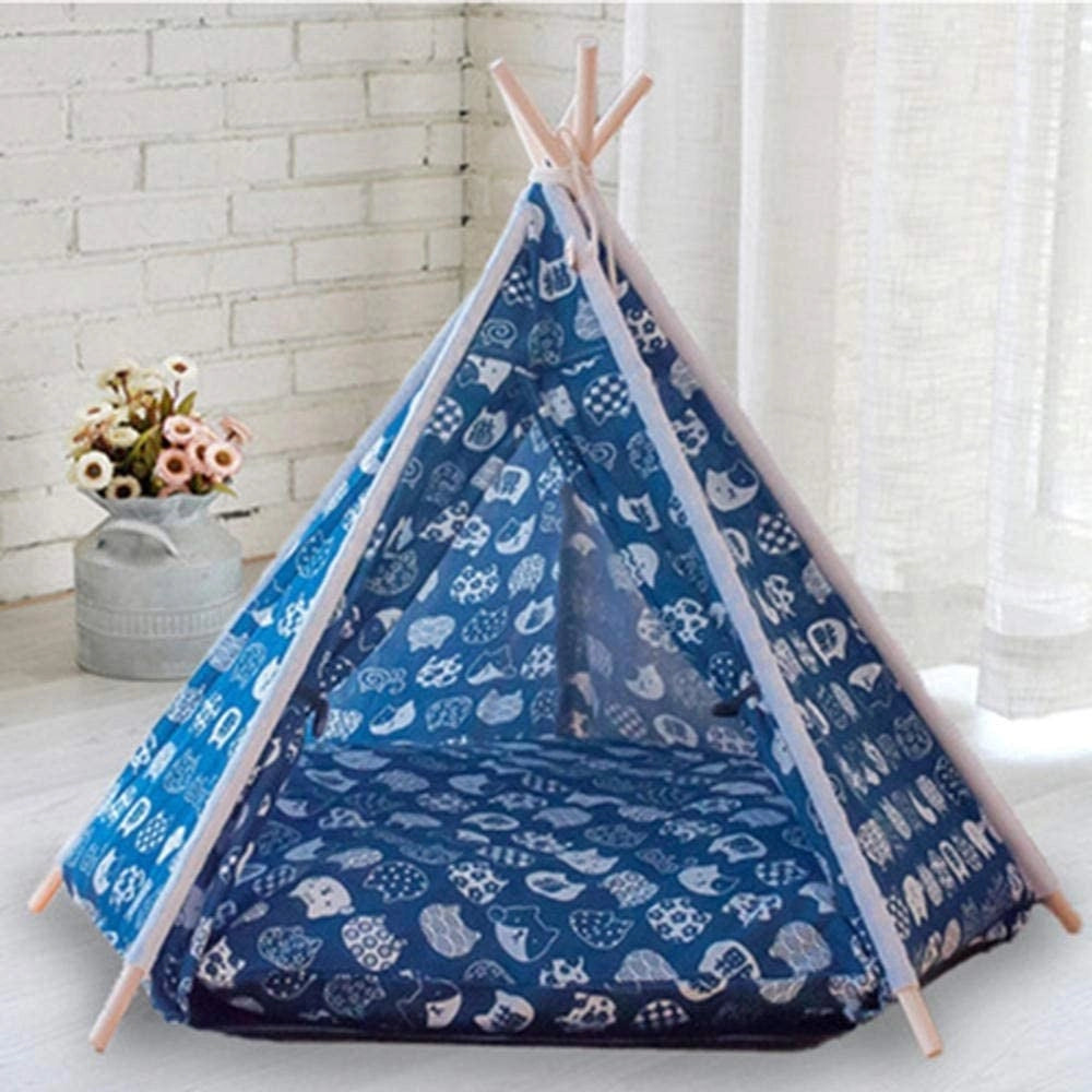 Trade Shop - Lettino Tenda Portatile Per Animali Domestici Gatti Cani Cuscino Blu 60x60x90cm -