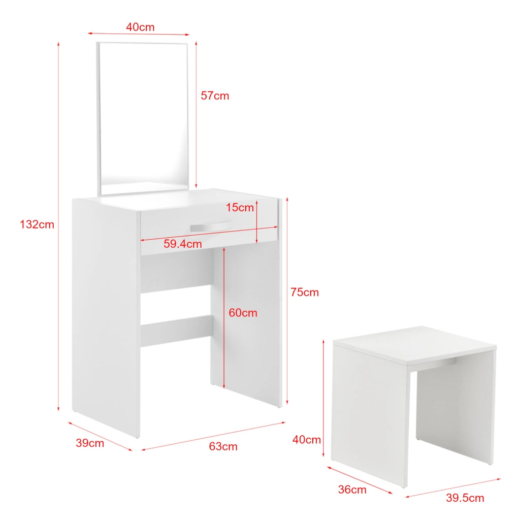 Tavolo da Trucco Reykjavik con Specchio Cassetto e Sgabello - Bianco [en.casa]
