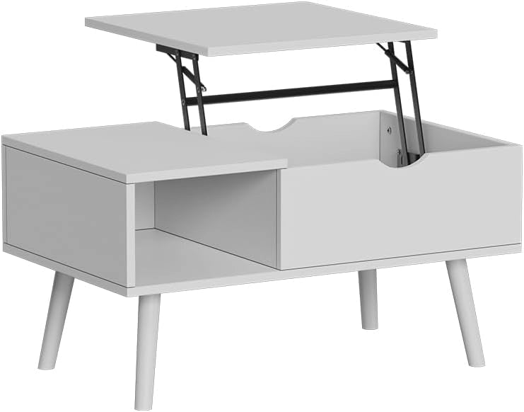 tavolino soggiorno Stora, Bianco/quercia, 76 x 45 cm con funzione di sollevamento, piano del tavolo regolabile in altezza e vano portaoggetti aperto