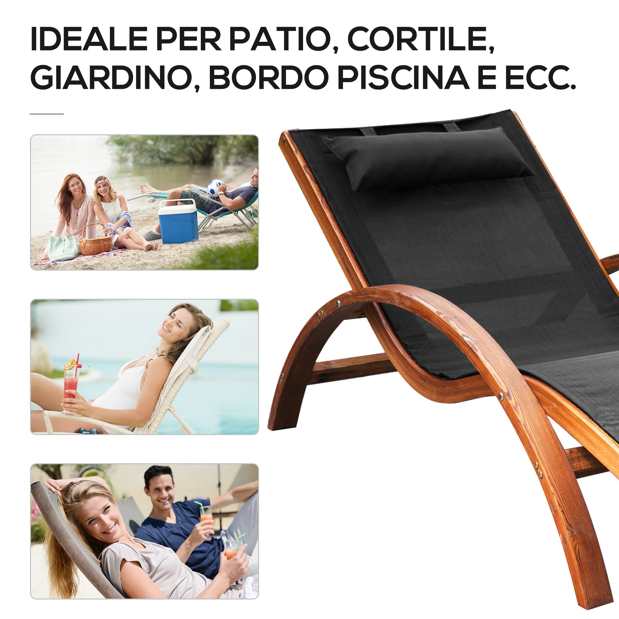 Lettino Prendisole Chaise Longue 165x72x86 cm in Legno e Tessuto a Rete Nero