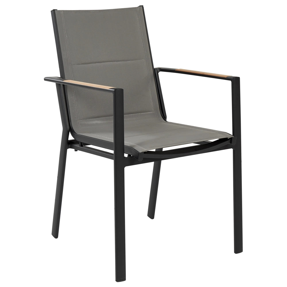 Set di mobili da esterno tavolo rotondo da pranzo nero 110 cm in alluminio e legno sintetico 4 sedie cuscini grigi
